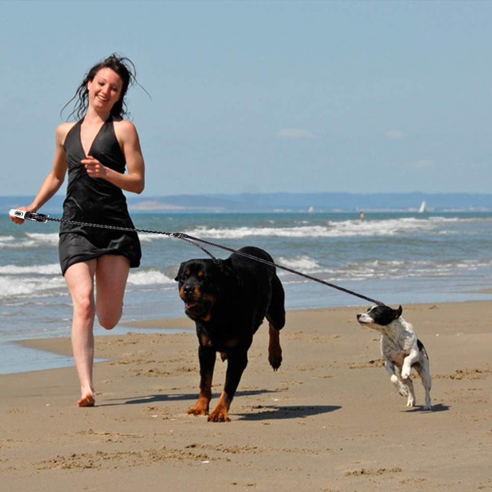 EXPAWLORER Dual Retractable Dog Leash - 16ft Reflective Nylon, Black & White, Model MDL001_BLK, Tangle-Free for Two Dogs