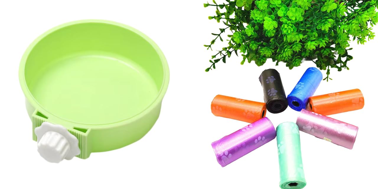 Round Cage Hanging Pet Bowl For Dog And Cat Food With Plastic Lock (Green) And Pet Waste Trash Bags For Dogs, Puppy, Cats And Ot