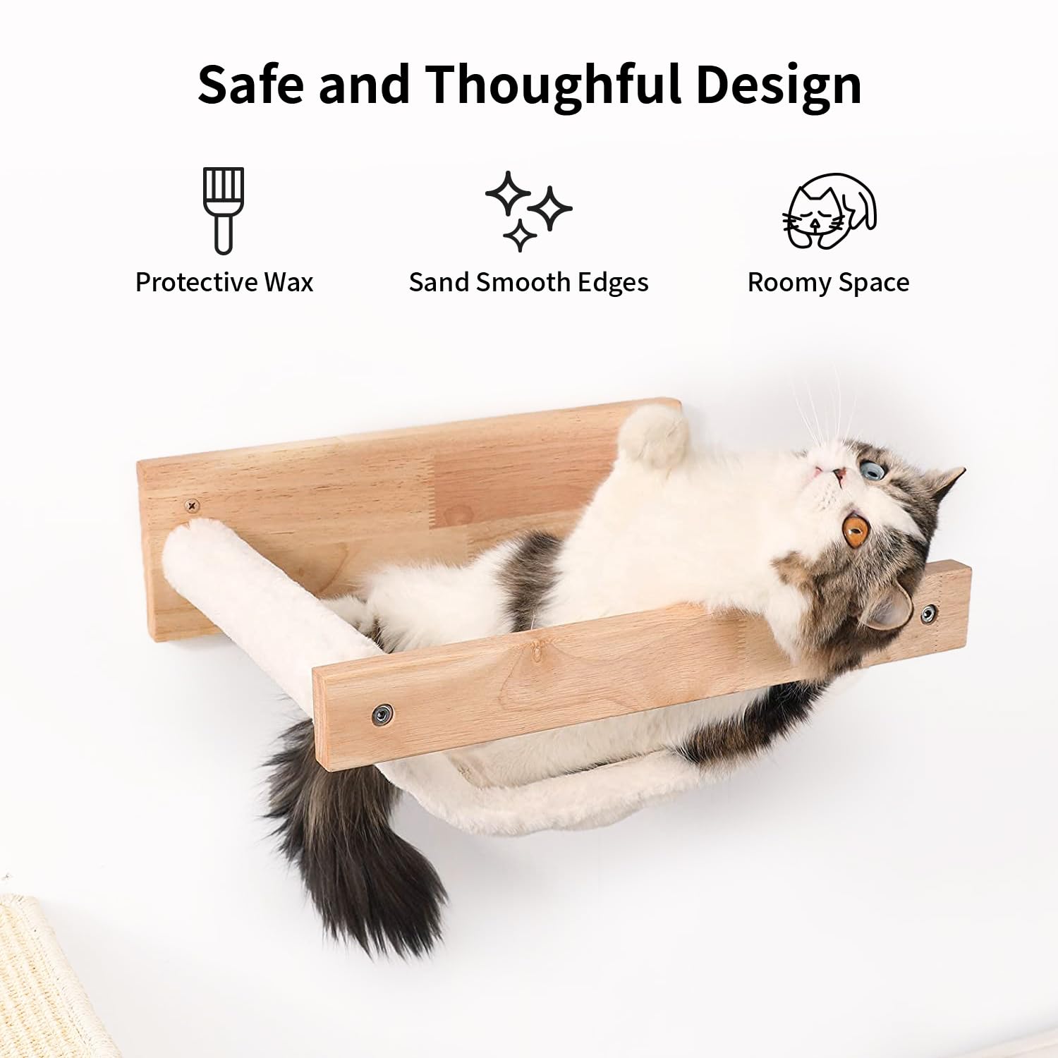 Fukumaru Cat Hammock Wall Mounted, Kitty Beds And Perches, Wooden Cat Wall Furniture, Stable Cat Wall Shelves For Sleeping, Playing, Climbing, And Lounging, White Flannel Cat Shelves