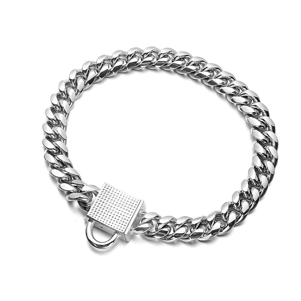 Aiyidi Dog Chain Collar 10Mm Wide Cuban Link Puppy Collar 316L Stainless Steel With Cz Diamond Lock Bling Collar For Small Dogs(