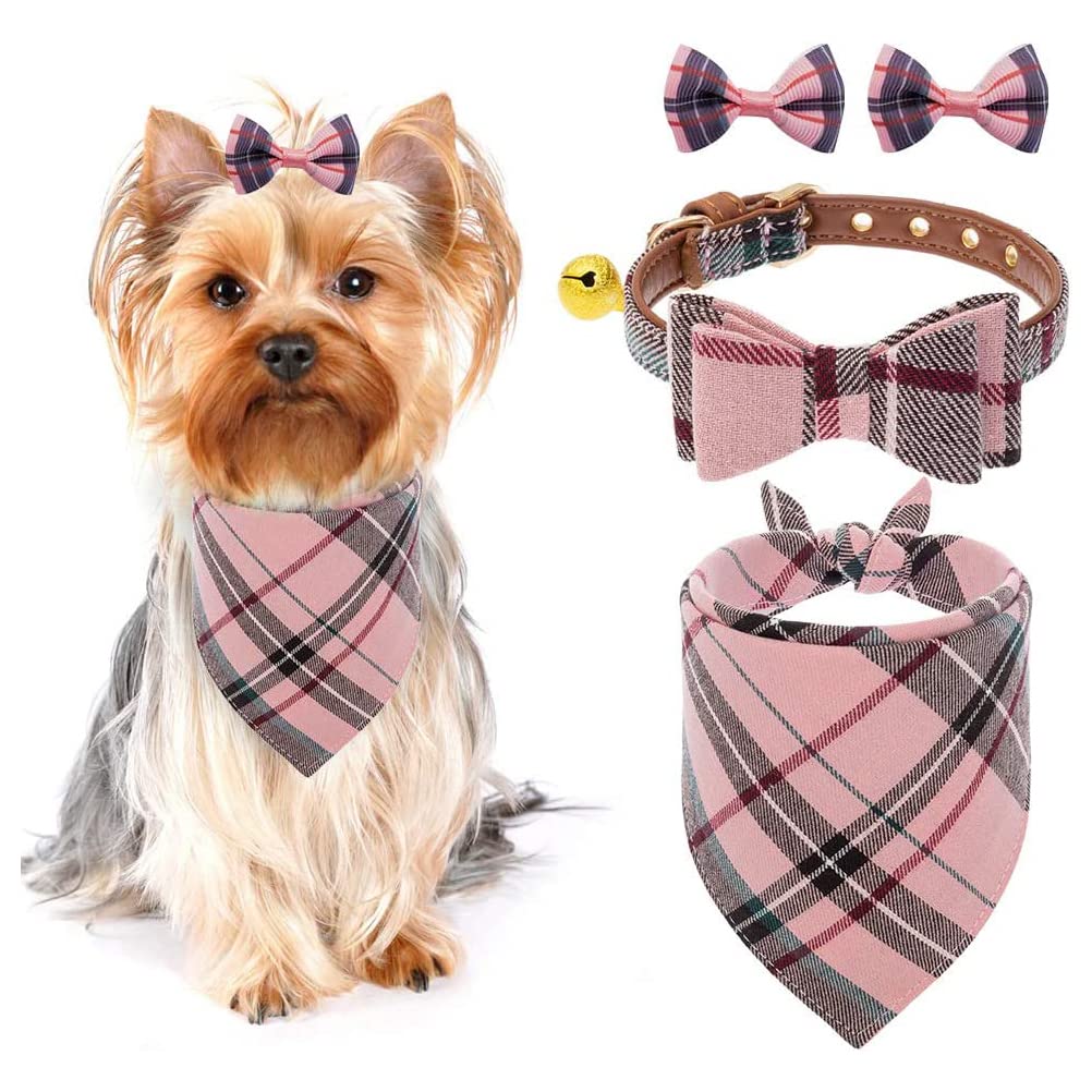 Pupteck Bow Tie Dog Collar With Bell - Classic Plaid Bandana, Triangle Bibs Scarf Accessories, 2 Pack Pet Hair Bows, For Puppy Cats, Pink