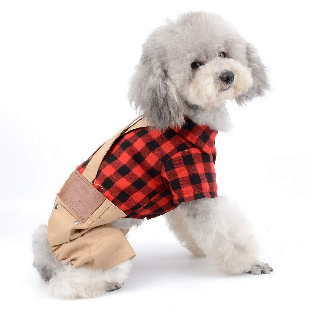 Smalllee_Lucky_Store Pet Clothes For Small Dog Cat Red Plaid Shirts Sweater With Khaki Overalls Pants Jumpsuit Outfits Xs