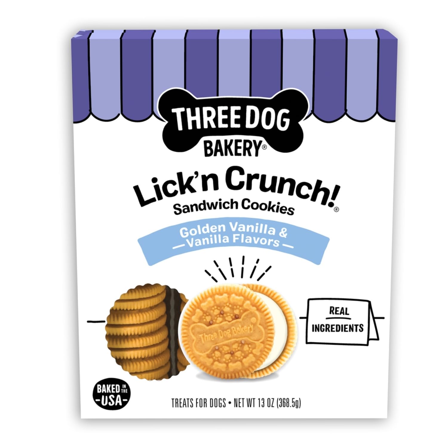 Three Dog Bakery Lickn Crunch! Golden & Vanilla Dog Sandwich Cookies, 20 Count - Dog Treat Cookies, Puppy Cookies with Real Ing