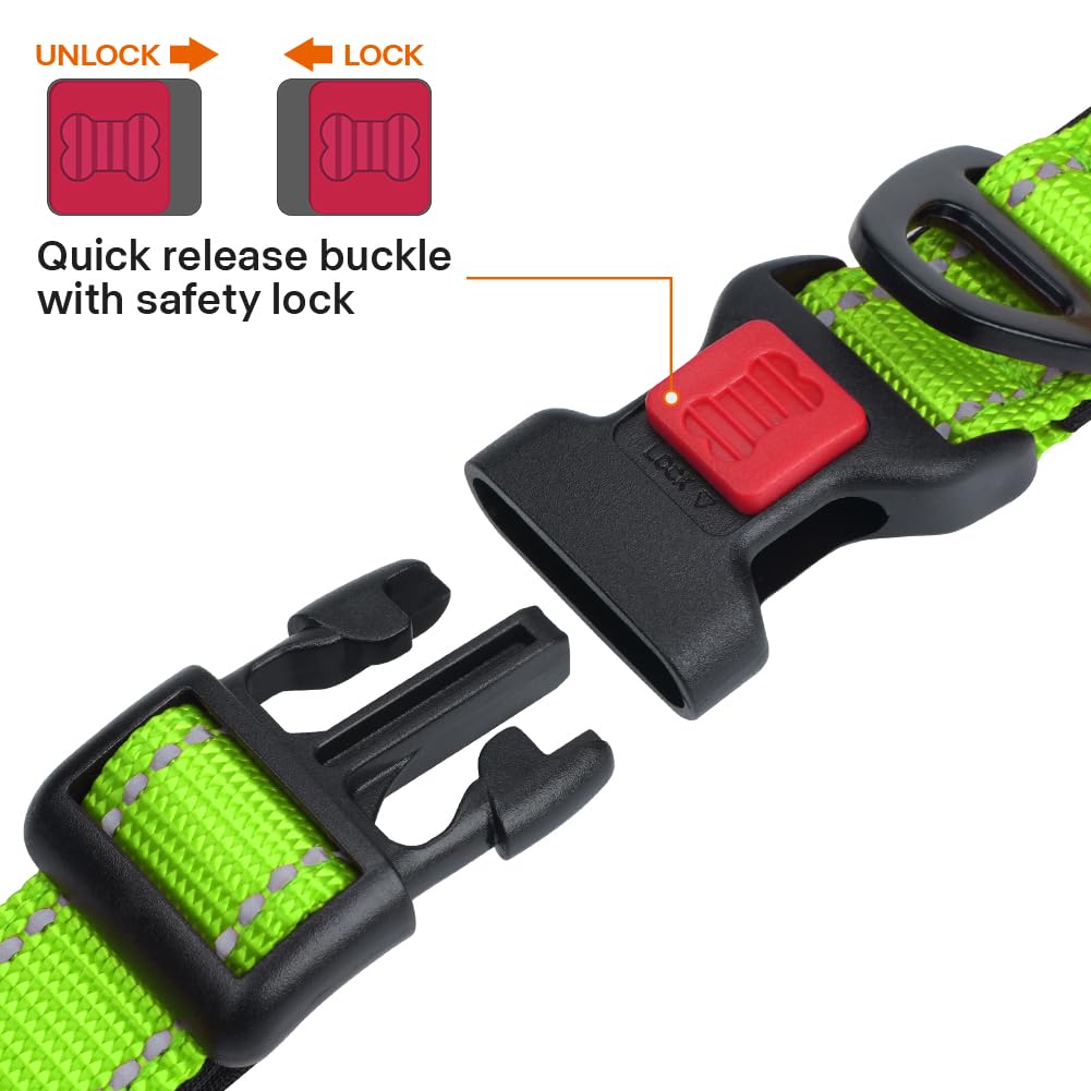 Taglory Reflective Dog Collar With Safety Locking Buckle, Adjustable Nylon Pet Collars For Large Dogs Female Male, Green, L
