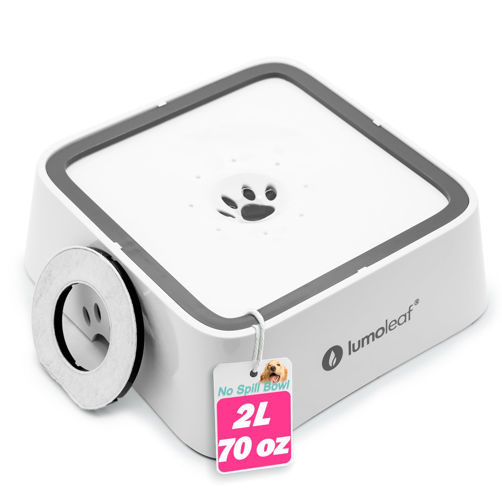 Lumoleaf No Spill Water Bowl For Dogs With Filter, 70Oz/2L, Slow Feeder For Messy Drinkers, Drip-Free & Splash-Proof Design (Gre