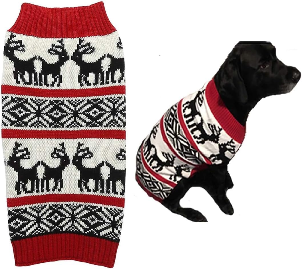 Lanyarco Ugly Dog Christmas Sweaters, Vintage Knit Xmas Reindeer Holiday Festive Pet Clothes Outfit, Christmas Dog Sweater For L