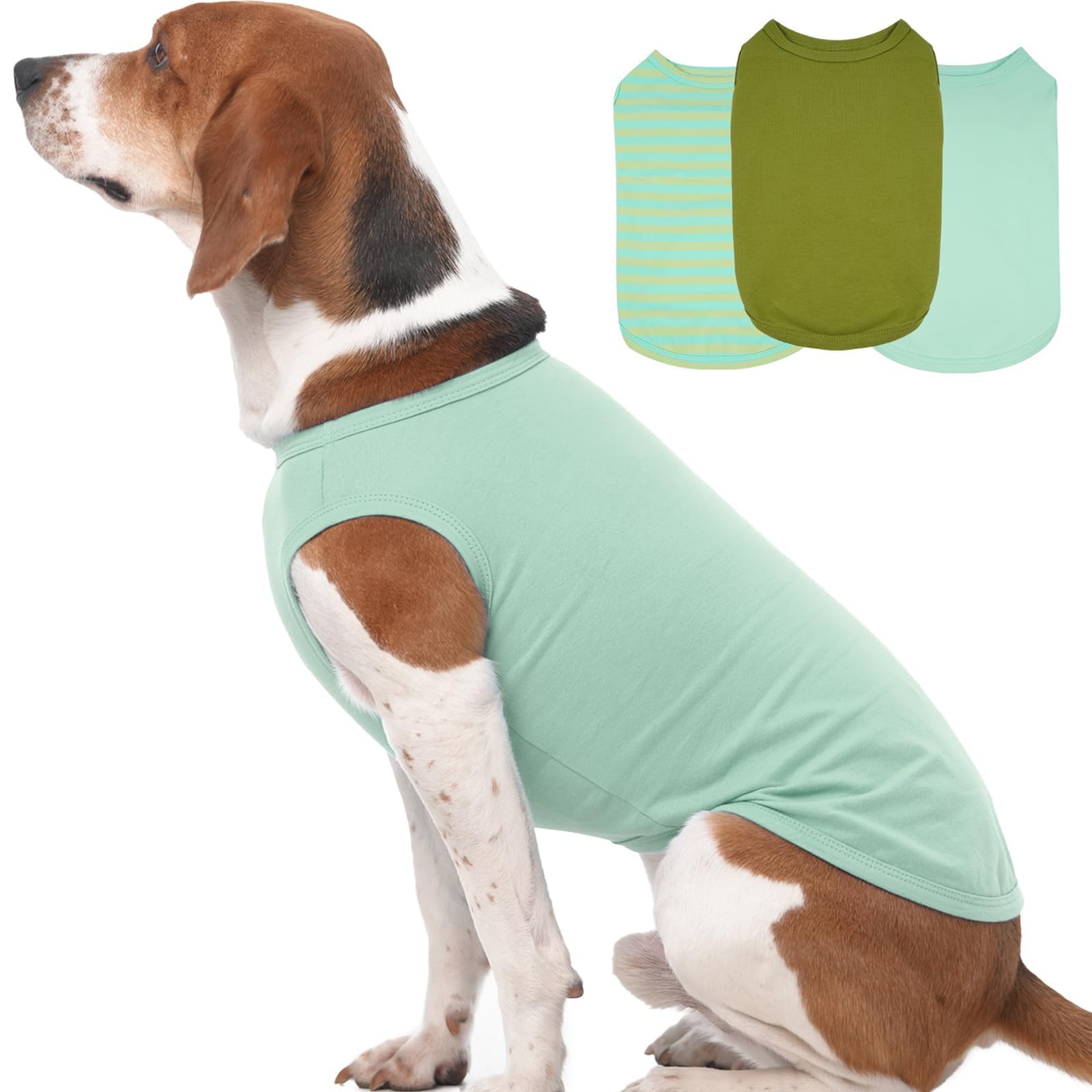 3 Pack Xl Green Striped Dog T-Shirts - Lightweight Sleeveless Shirts For Medium Dogs, Breathable Summer Vest For Outdoor Insect 