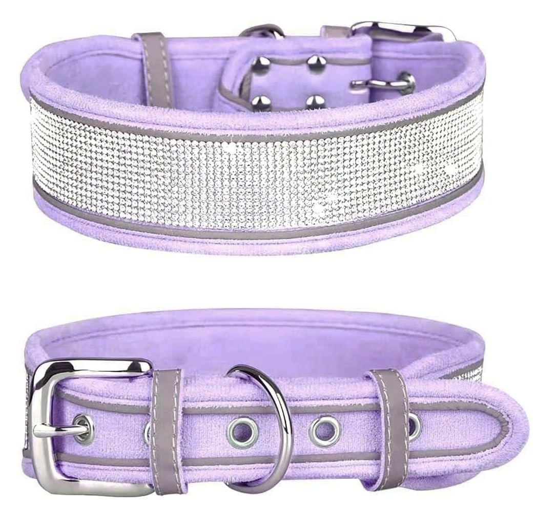 Kawagogo Bling Diamond Dog Collar For Females Girls,Soft Velvet Leather With Fancy Sparkly Crystal Rhinestones,Reflective Stripe