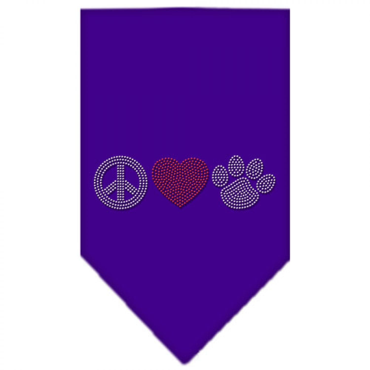 Pet and Dog Bandana Rhinestone, "Peace Love Paw" Purple Large