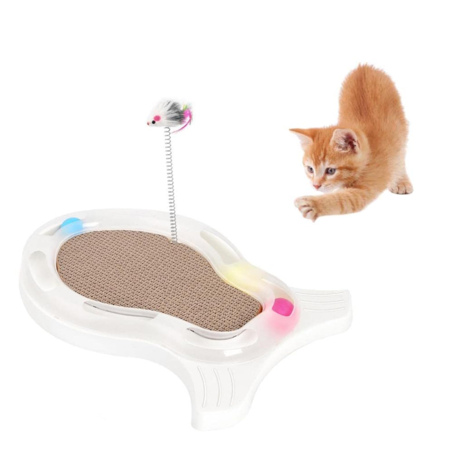 Bohobark Corrugated Cardboard Toy With Sturdy Rolling Ball, Fish Shape Kitten Spring Track Toy With Catnip, Scratching Pad With 