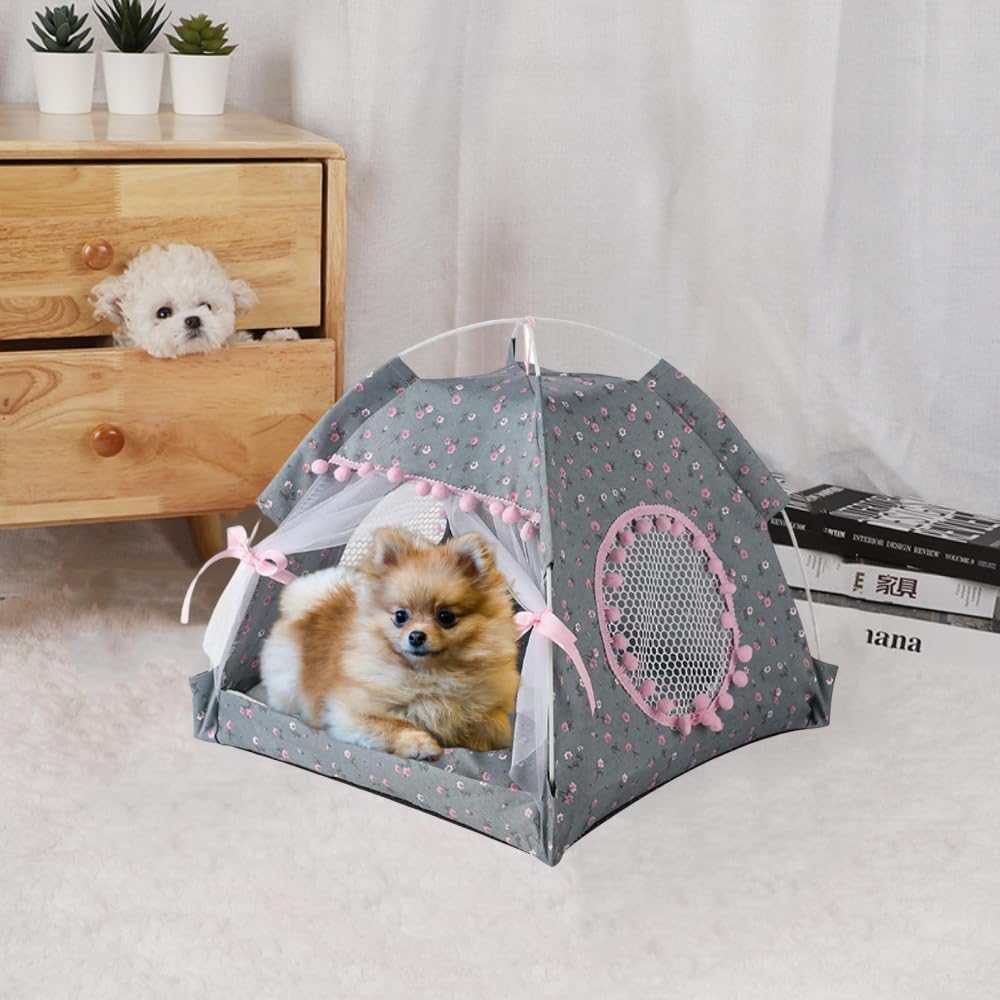 Cat Bed Tents Dog House Indoor Outdoor Lace Mesh Breathable Windows Door Curtains Removable Portable Nest Teepe House (Large,Gra