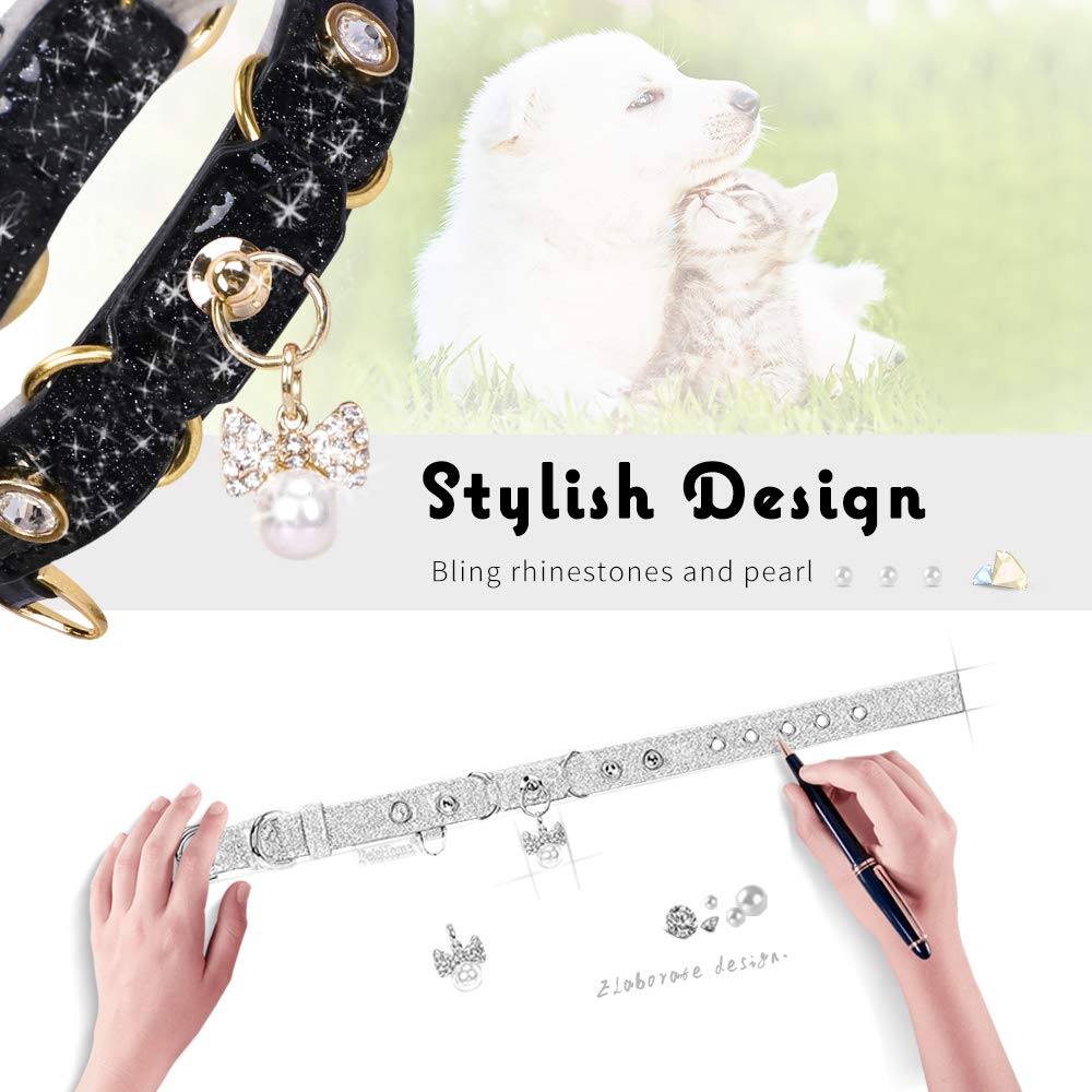 PetsHome Adjustable Cat & Dog Collar - Bling Rhinestones, PU Leather, Small, Black, Model PH-US-3085-Pet-Collar-S-BK