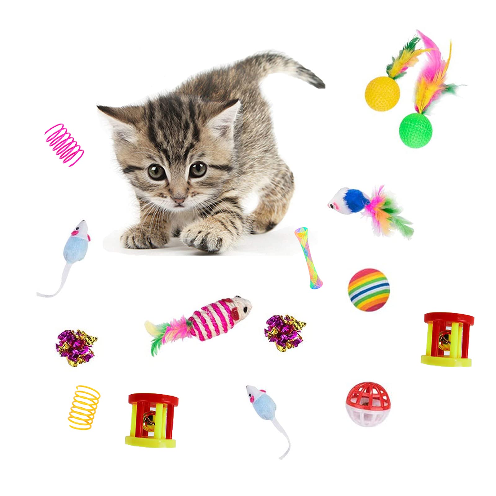 32Pcs Cat Toys Kitten Interactive Pet Toys Assortments, Foldable Rainbow Tunnel, Teaser Wand Fluffy Mouse Crinkle Balls Bell Pla