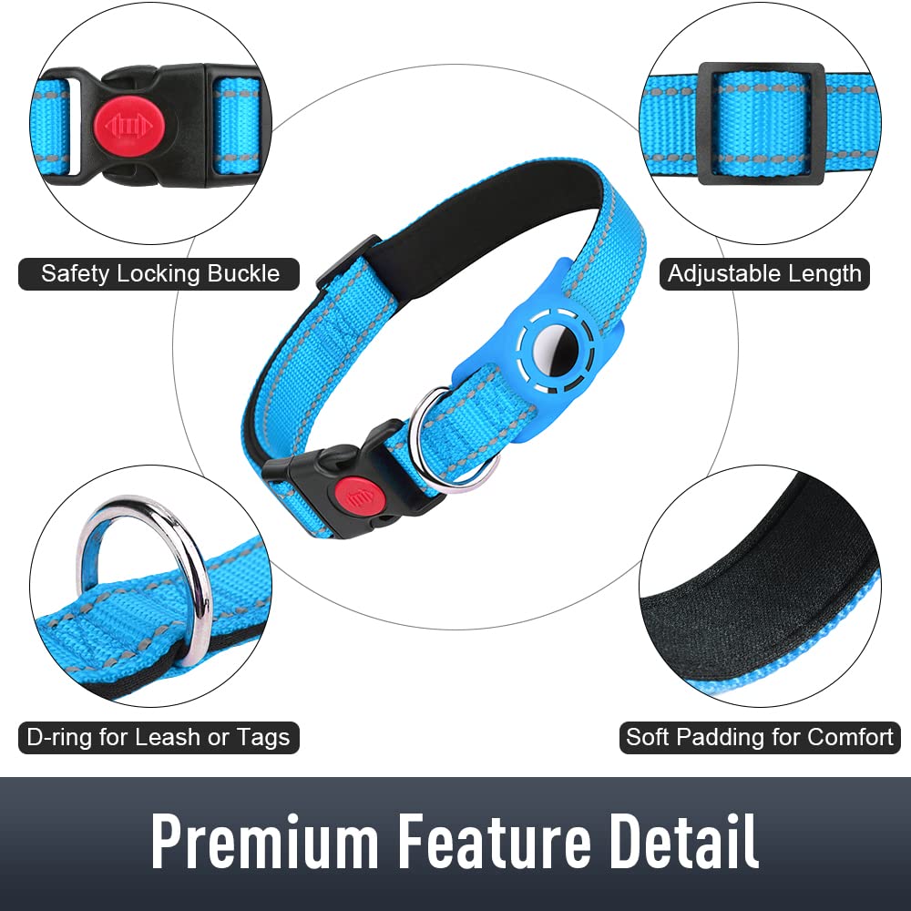 Erbine Airtag Dog Collar For Puppy Dogs, Reflective Dog Collars With Airtag Holder, Soft Padded & Safety Locking Buckle, Nylon Pet Collar Adjustable For All Breeds, Skyblue