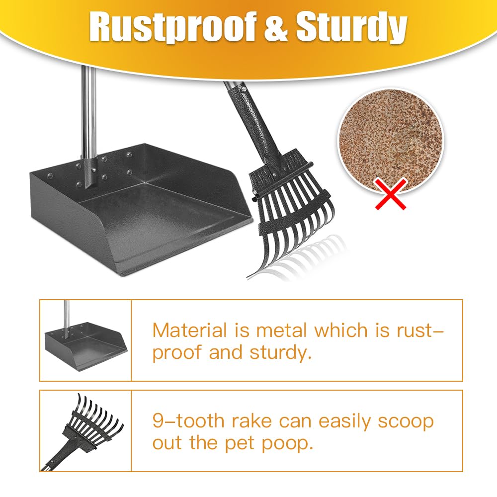 Tooge Larger Pooper Scooper For Large Dogs, Dog Pooper Scooper Long Handle Stainless Metal Tray And Rake Set For Large Medium Sm