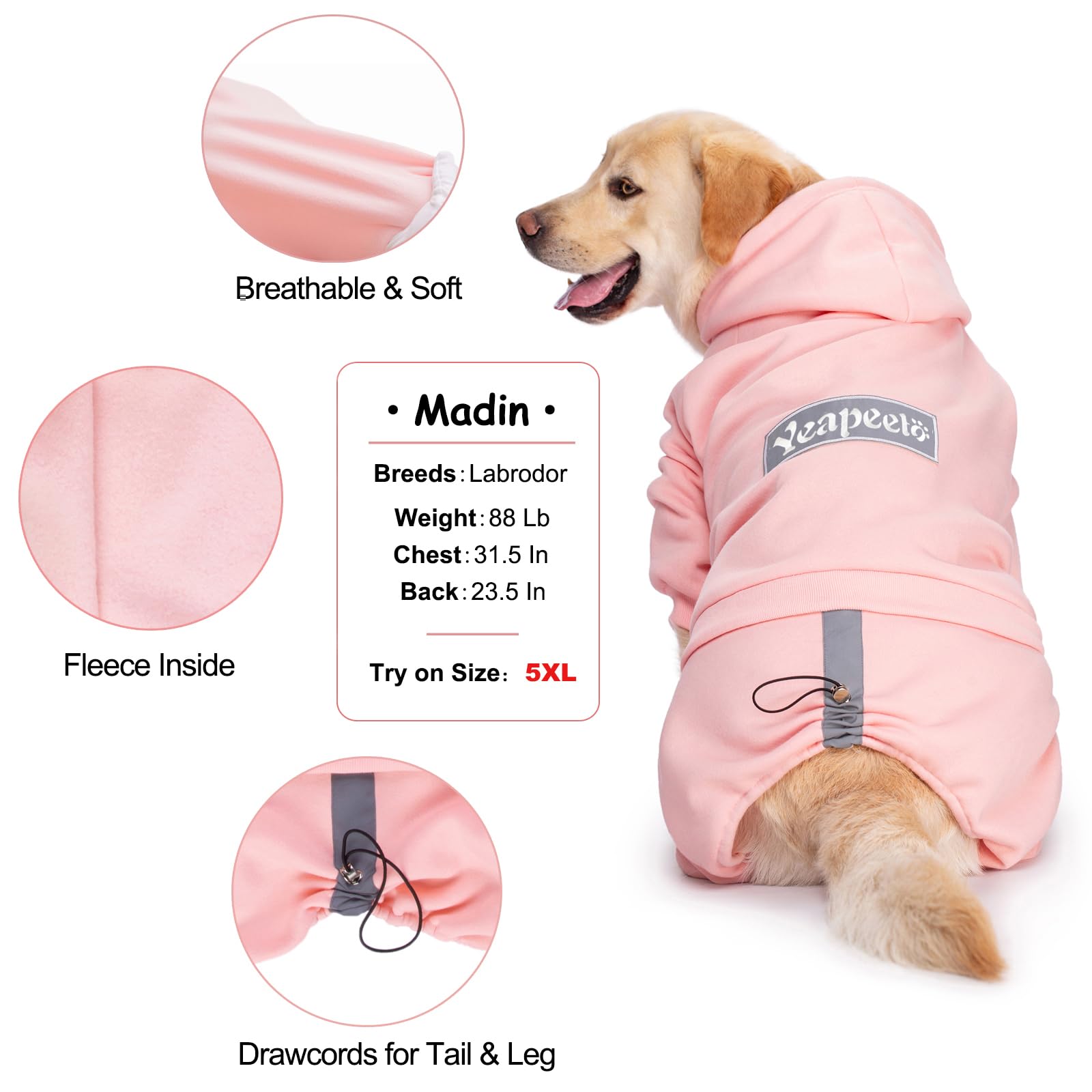 Pullover Dog Sweatshirt, Winter Warm Coat, Hooded Fleece For Large Dogs (Pink, X-Large)