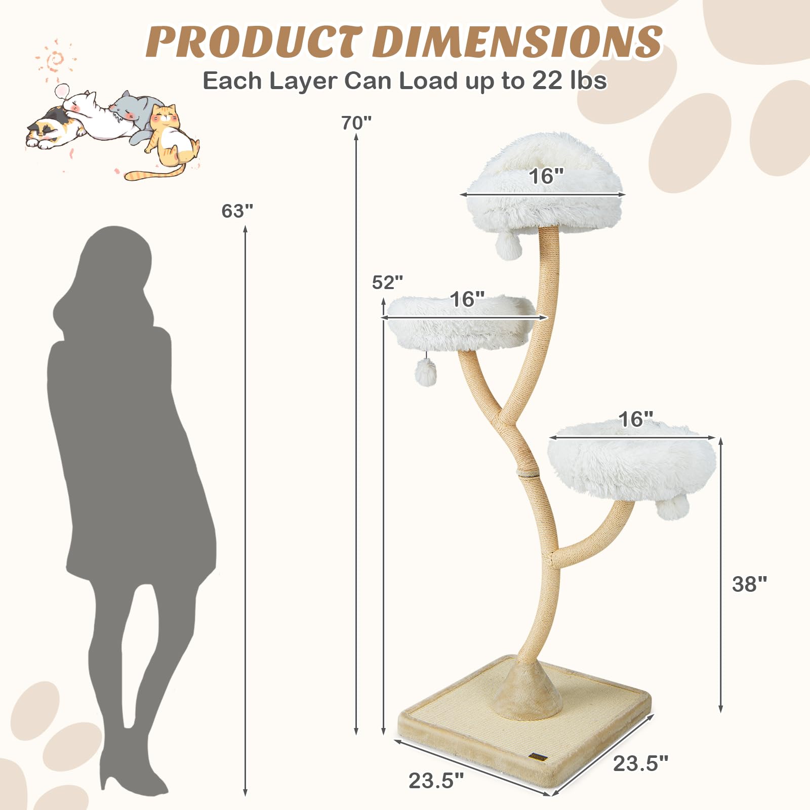 Petsite 70 Tall Cat Tree, Cat Tower With Scratching Posts And Board, Multi-Level Cat Tower For Large Cats 20 Lbs+ With 3 Cozy