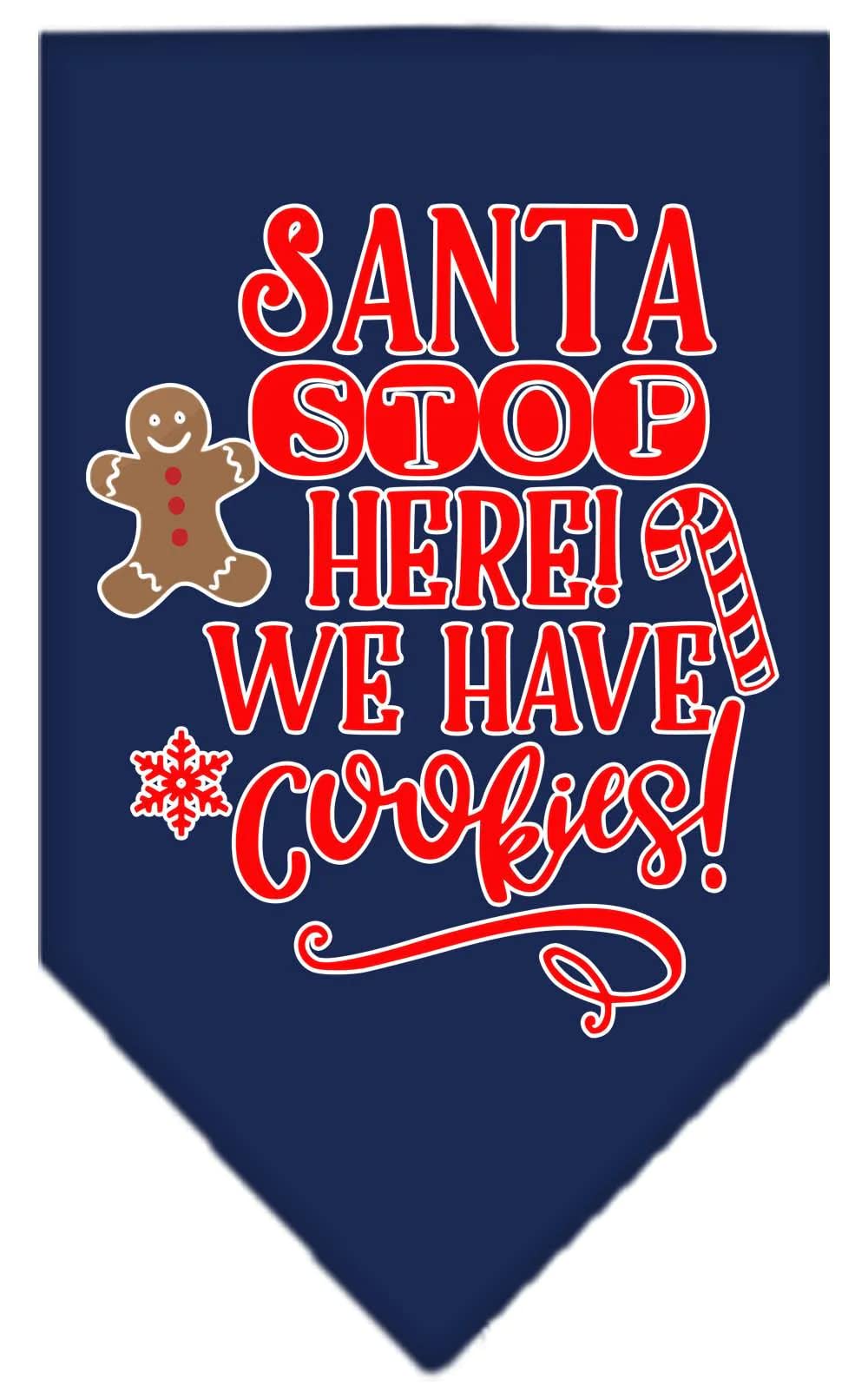 Christmas Pet and Dog Bandana Screen Printed, "Santa, Stop Here! We Have Cookies!" Navy Blue Small