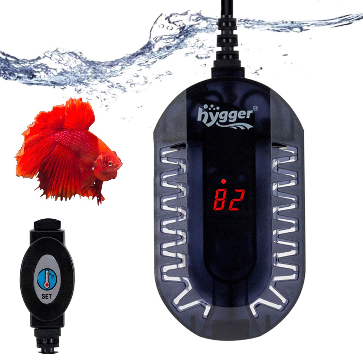 Hygger 50W Mini Submersible Digital Display Aquarium Heater For Small Fish Tank, Compact And Fast Heating Thermostat, With External Controller And Built-In Thermometer, For Betta, Turtle