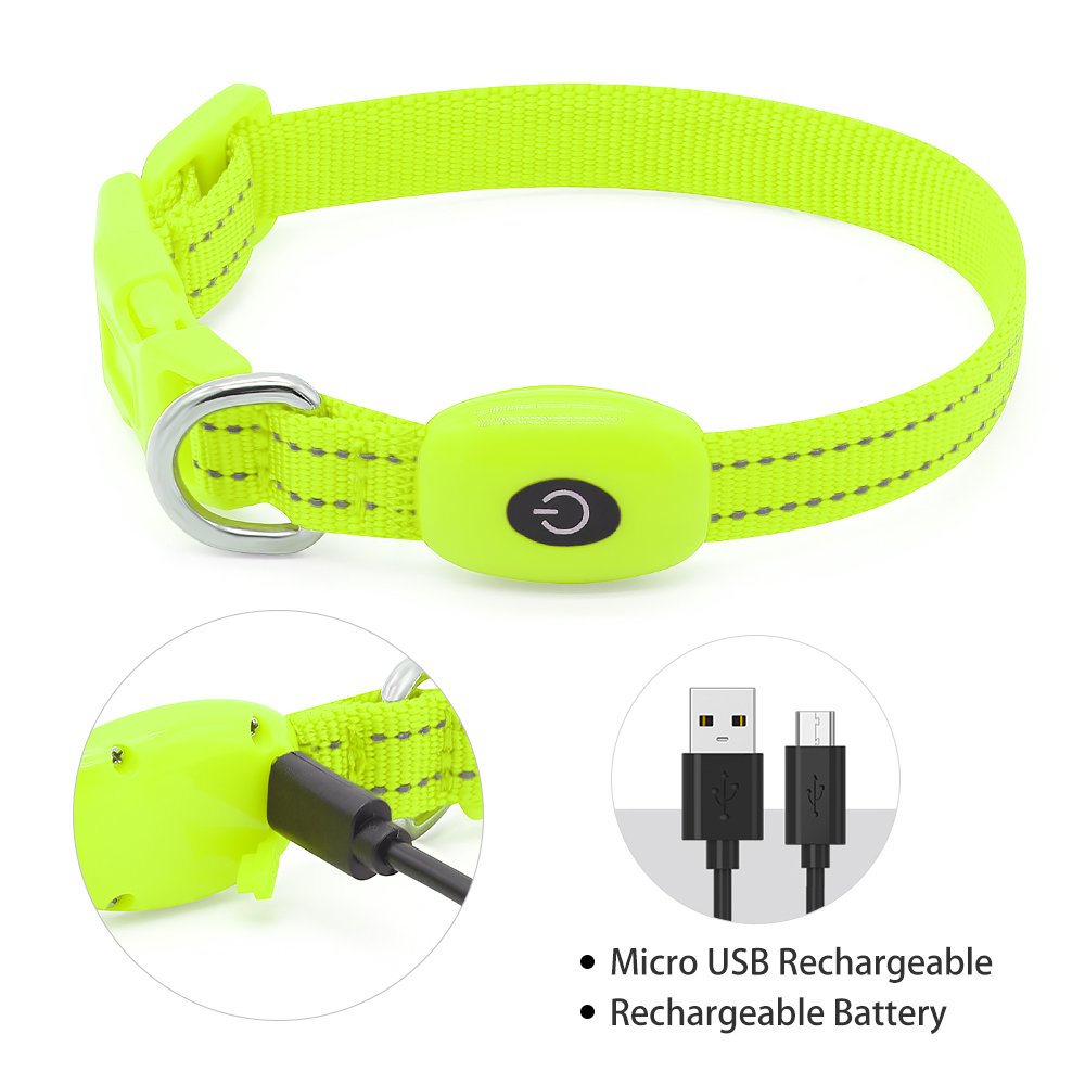 Light Up Dog Collar For Small Dog,Vizpet Xs Adjustable Size Nylon Collar Usb Rechargeable Bright Safety Pet Collar For Cats Dogs (Green)