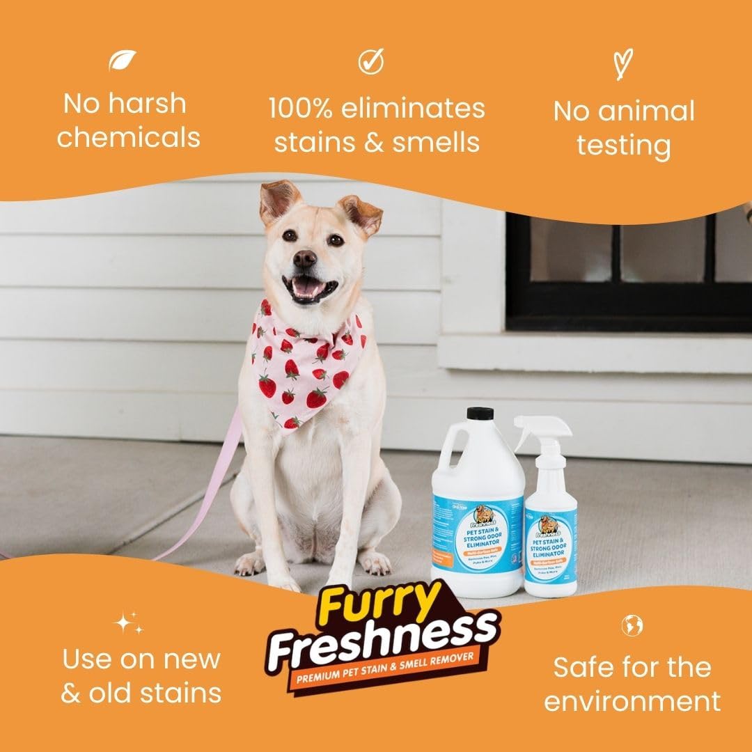 Furryfreshness Extra Strength Cat Or Dog Pee Stain & Permanent Odor Remover + Smell Eliminator -Removes Stains From Pets & Kids Including Urine Or Blood- Lifts Old Carpet Stains- 32Oz Spray