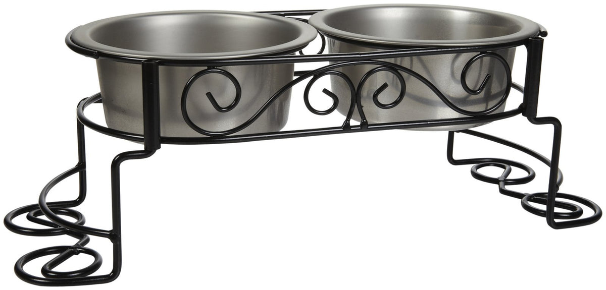 Spot Mediterranean Double Diner Elevated Pet Bowls - Elevated Dog Feeder With Bowls - Stylish Design - Great For Small Dogs Puppies Large Breed Dogs - 1 Pint, Stainless Steel