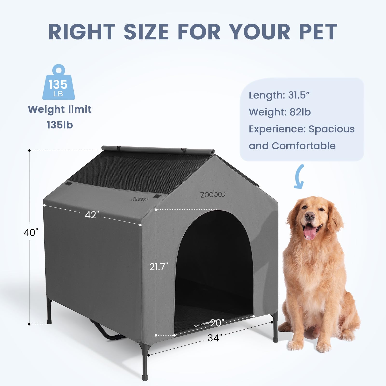 Zooba 42    Outdoor Dog House for Large Breeds, Durable Large Dog Shelter with Weatherproof 600D PVC Canopy, Breathable 2x1 Text