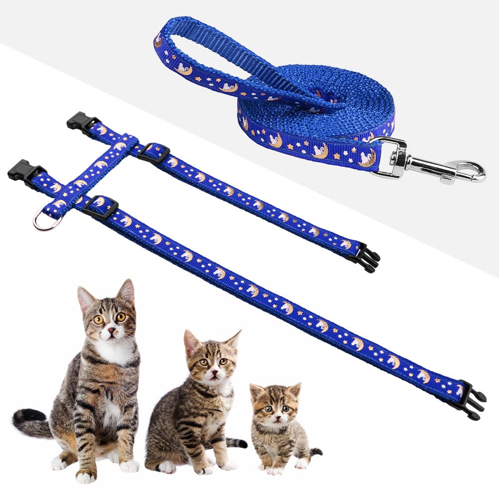Cat Harness And Leash Set Gold Moons Soft Nylon Escape Proof Adjustable For Kittens Small Animals Glow In The Dark(Blue)