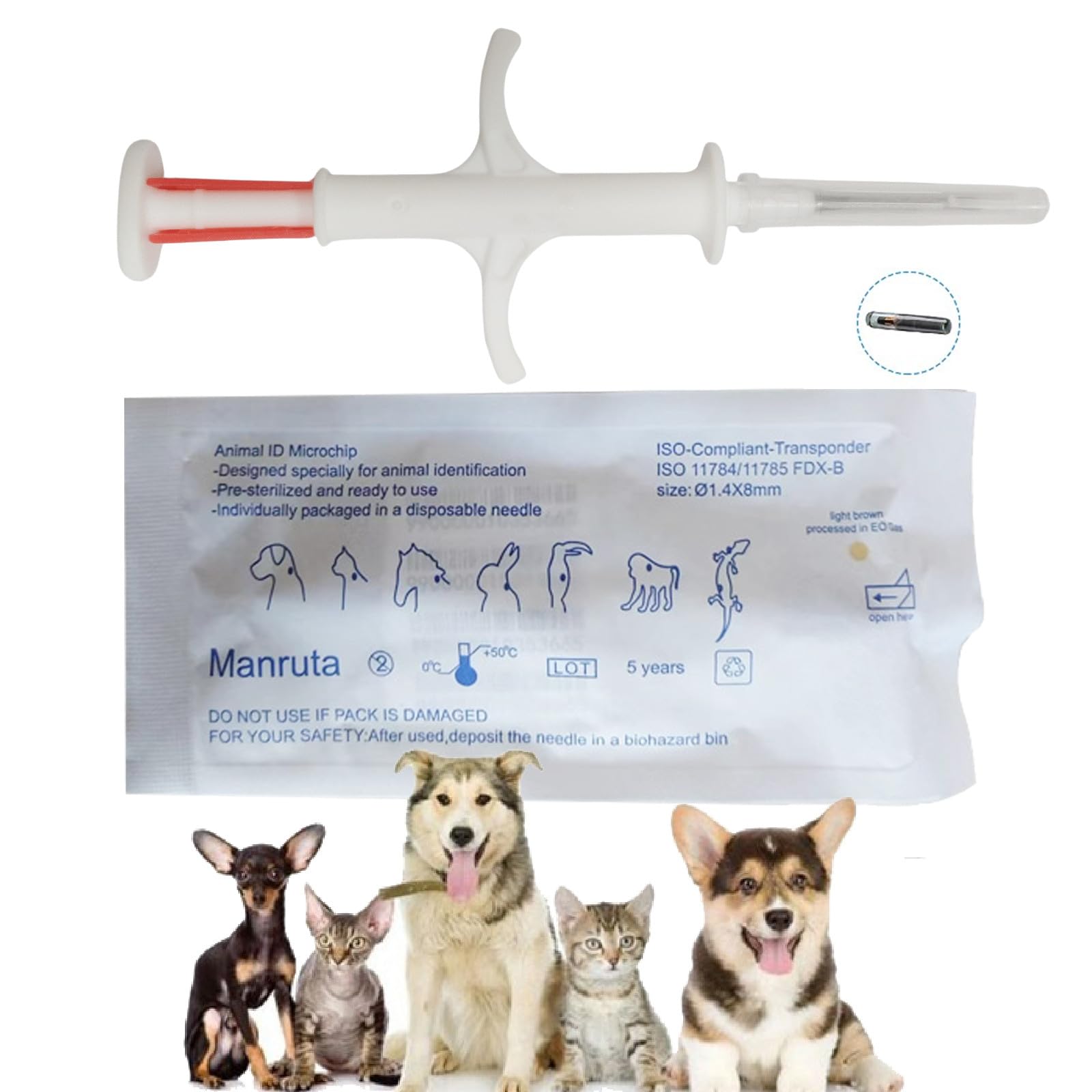 Manruta Pet Microchip Kit For Dogs And Cats 5 Pack Iso 11784/5 With 15 Id Numbers (1.4 Mm Dia, 8 Mm Length Microchip, 15 Gauge)