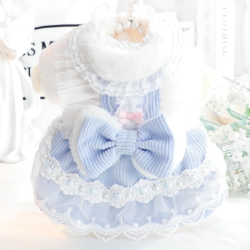 Aza Dog Princess Dresses For Small Dogs Lolita Clothes Lace Costume Bow Pet Girl Cute Coat Outfits Sunmmer Costumes (S,Blue)