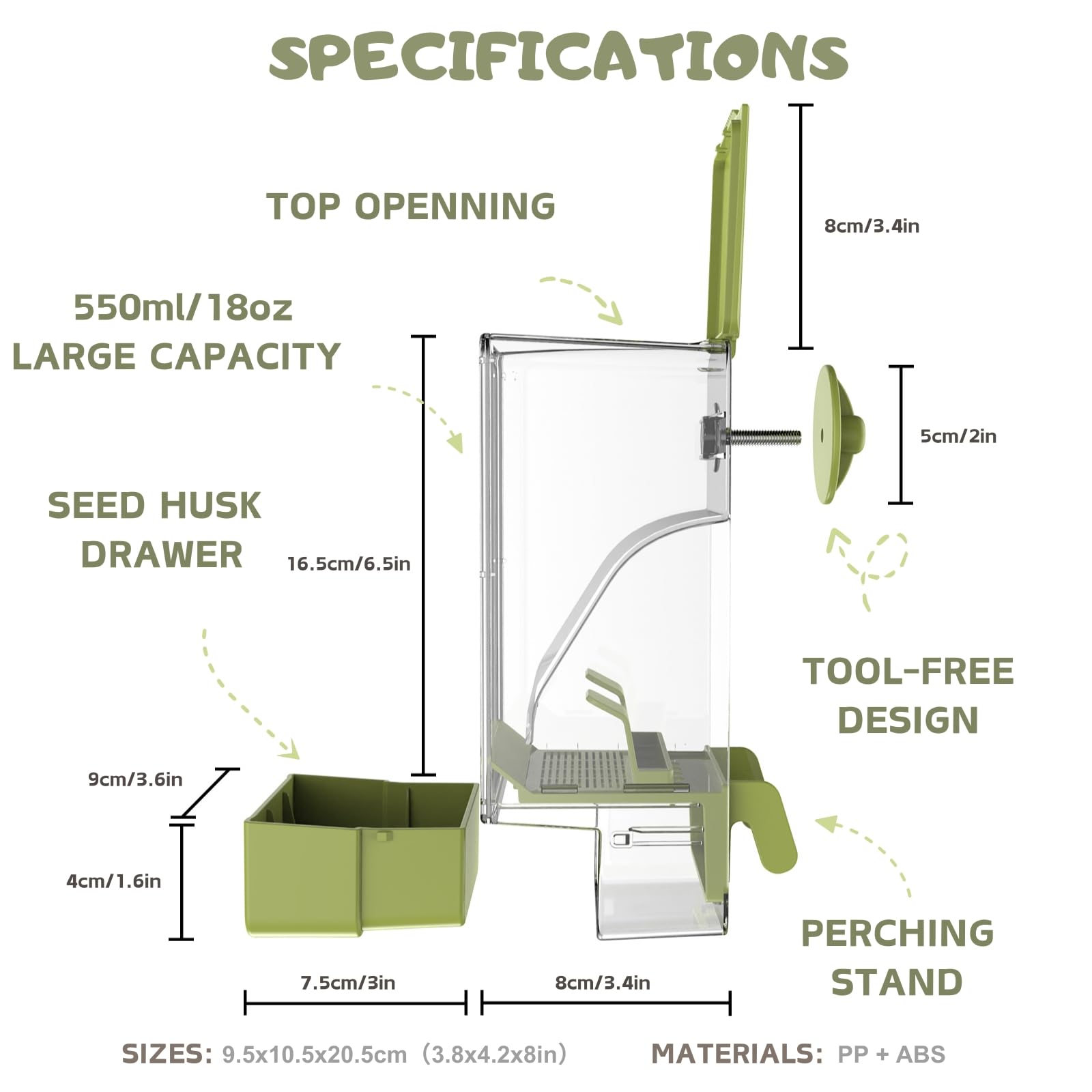 Automatic Bird Feeder, Bird Cage Feeder with Perch for Parakeet Canary Cockatiel Finch (Green)