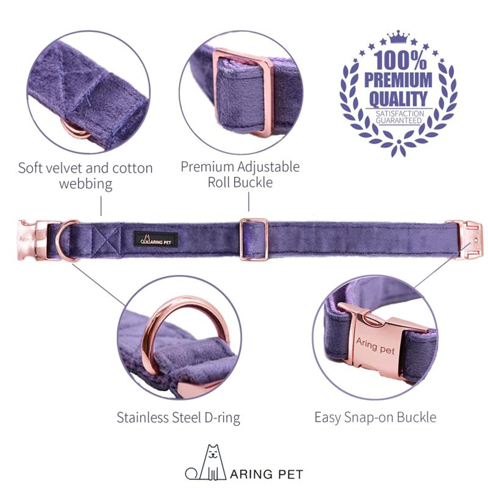 Aring Pet Velvet Dog Collar And Leash Set, Soft Purple Dog Collar And Leash, Adjustable Collars For Dogs