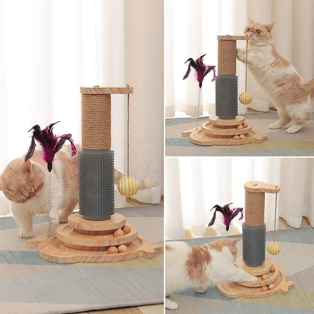 Marchul Cat Toy Roller 2-Level Turntable, Wooden Cat Track Toy With Scratching Post, Interactive Kitten Fun Track Toy For Indoor Cats
