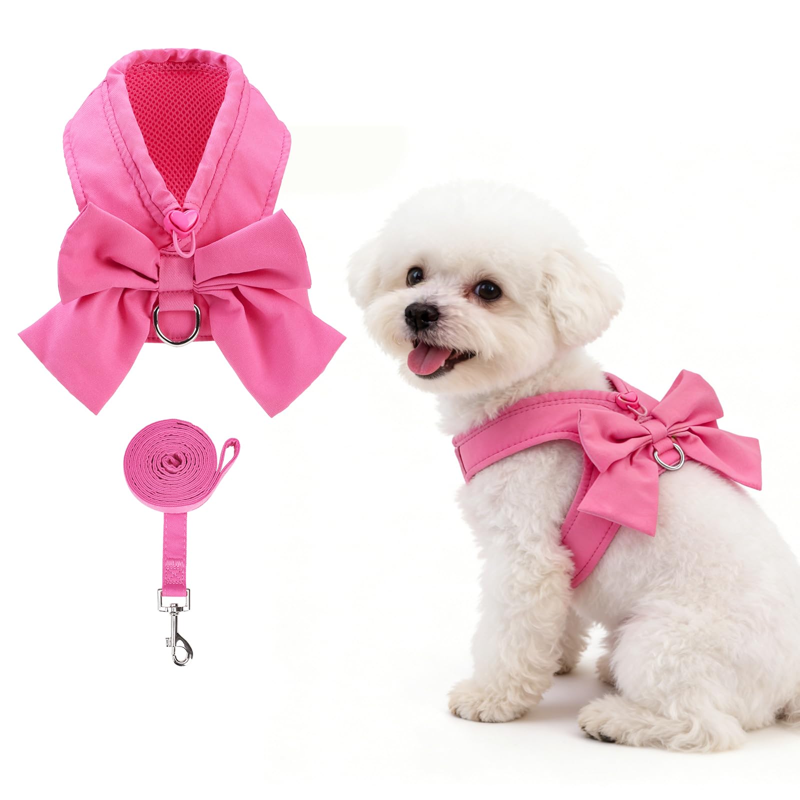 KOOLTAIL Small Dog Harness and Leash Set, Cute Puppy Vest Harnesses with Bowtie for Girl Outfit, Step in No Pull Soft Mesh Padde