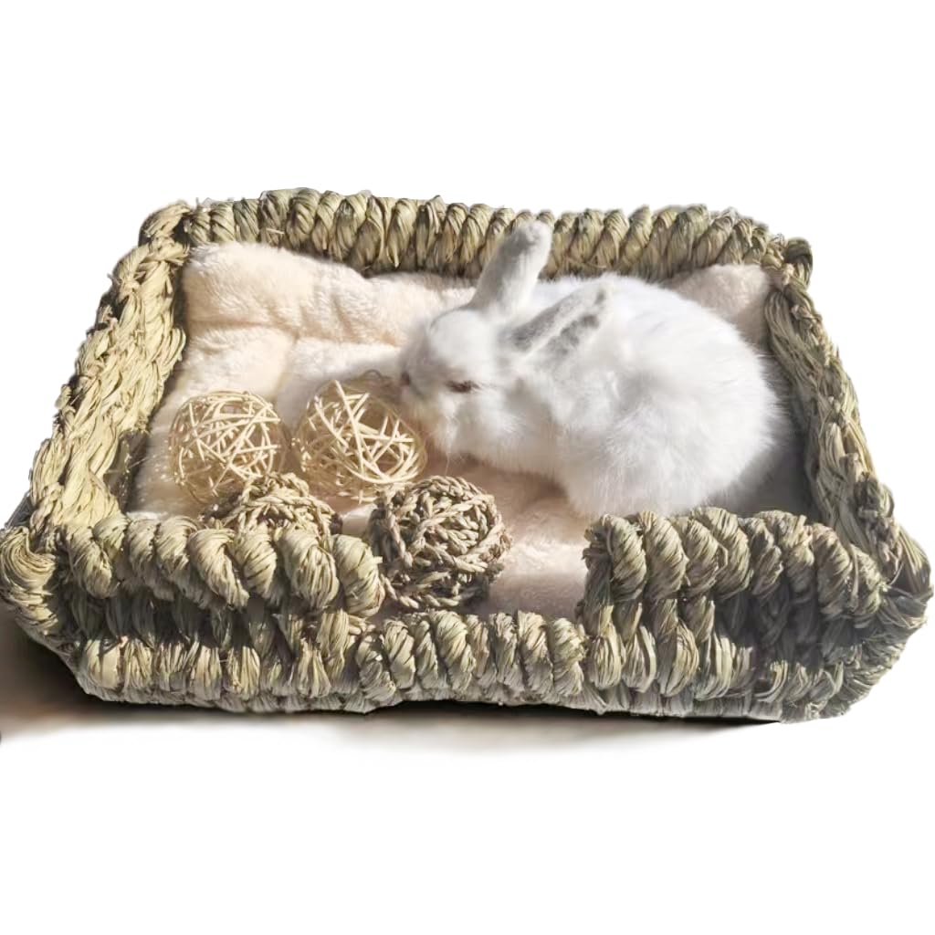 Kitkni Natural Seaweed Pet Bed With Plush Cushion, 4 Woven Balls, Handmade Tetragonal Pet Basket, Cozy Indoor Den For Rabbits, C