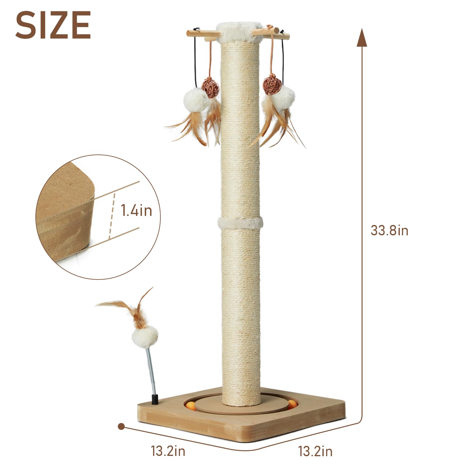 Peekab Cat Scratching Post 33 Inches Tall Large Sisal Scratch Posts With Track Ball Toys For Indoor Cats And Kittens,Vertical Sc