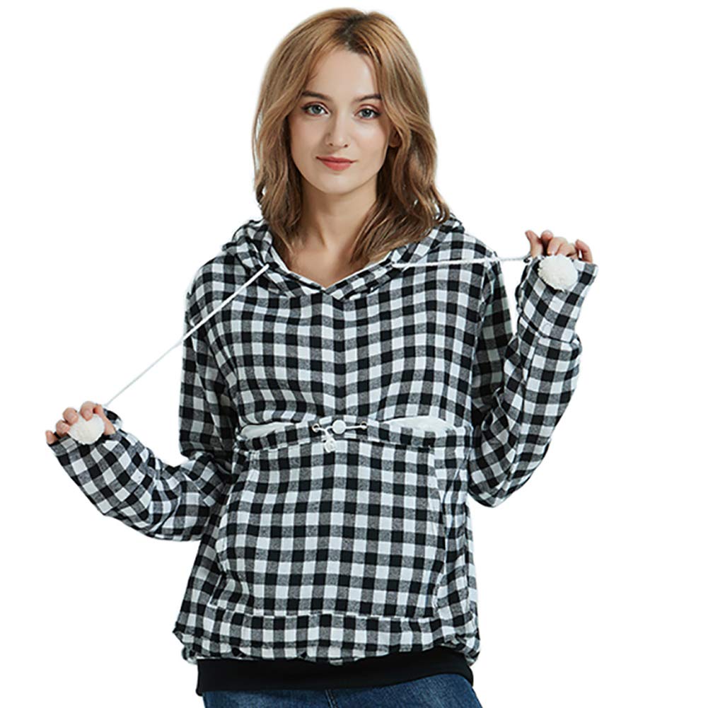 Jomago Womens Pet Carrier Thin Hoodies Kitten Puppy Pouch Shirts Animal Holder Hood Long Sleeve Sweatshirt Plaid White