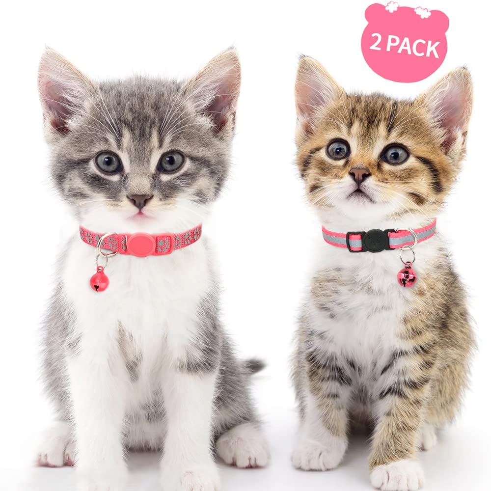 Taglory Reflective Cat Collars Breakaway With Bell, 2 Pack Girl Boy Pet Kitten Collar Adjustable 6-8 Inch, Pink