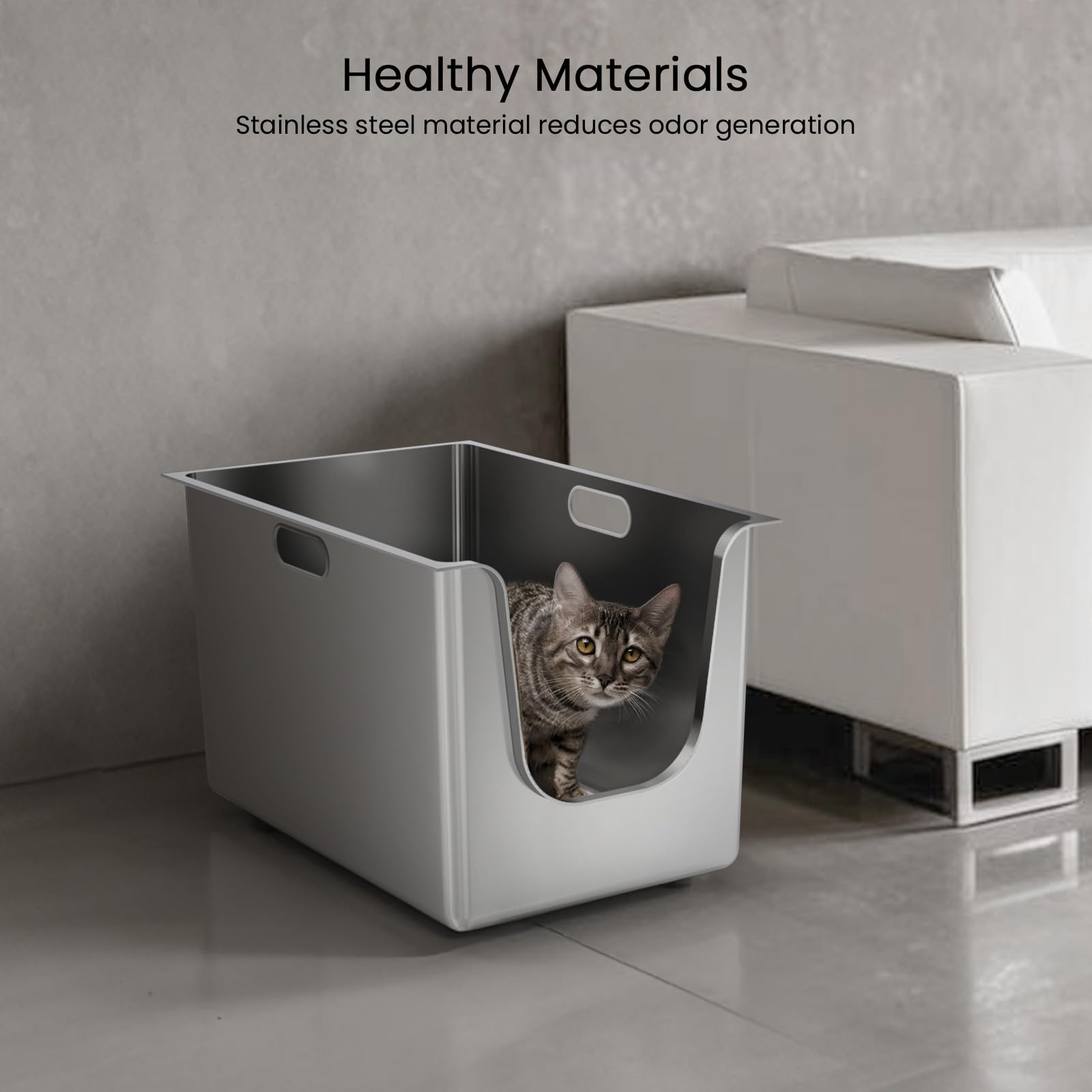 Stainless Steel Litter Box 13.8'' High Sides, Xl Metal Cat Litter Box With 4.7'' Curved Low Entry, Cat Litter Pan For Big & Mult