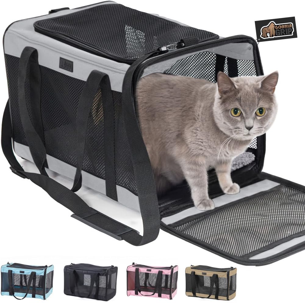Gorilla Grip Airline Travel Cat Carrier Bag Up To 15 Lbs, Breathable Mesh Collapsible Pet Carriers For Small, Medium Cats, Small Dogs, Puppies, Portable Kennel With Soft Washable Waterproof Pad Gray