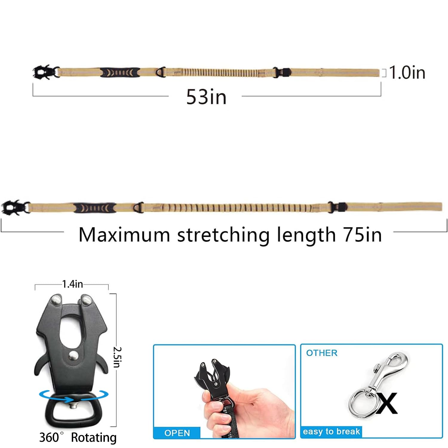 AIRUIDOG Heavy Duty Tactical Bungee Leash, 4-6FT Shock Absorbing Leash with 2 Padded Handles, Metal Carabiner Clip, Car Seatbelt