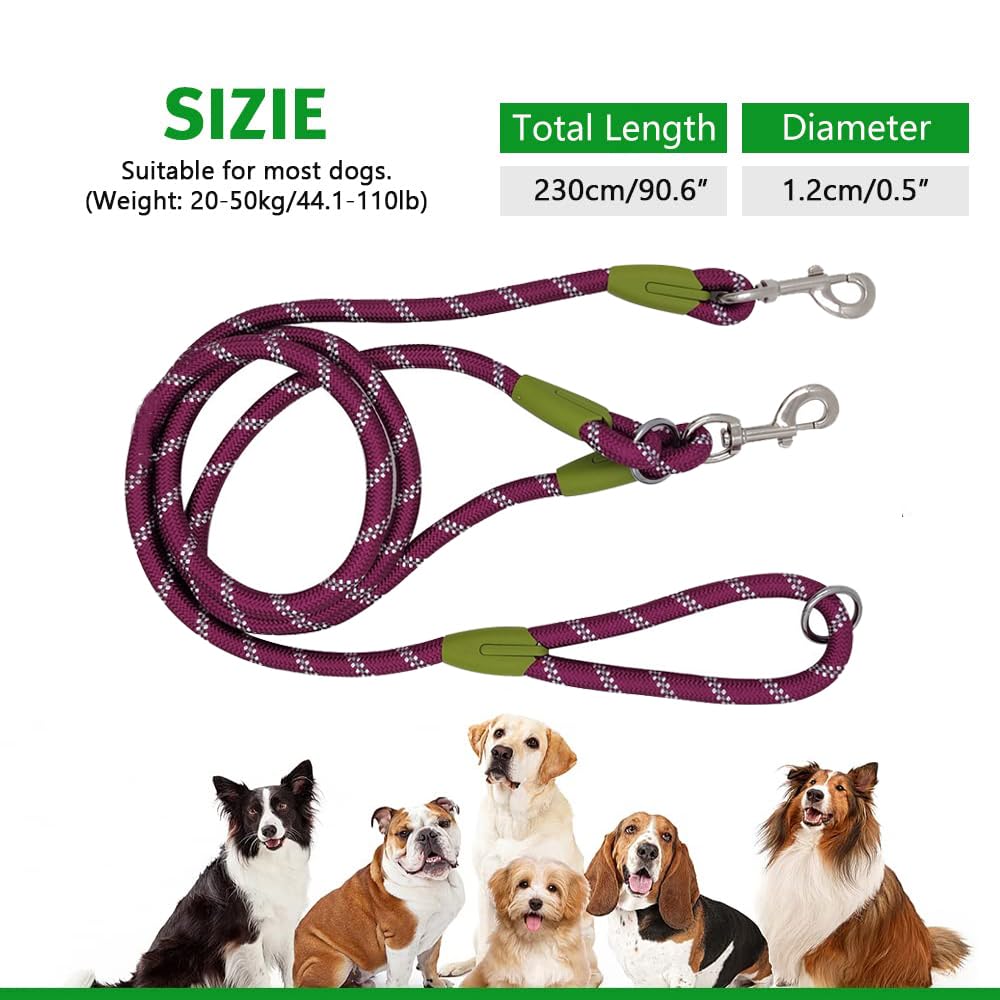 Pawstrip Hands Free Dog Leash Waist & Crossbody Rope With Slip Lead Durable For 2 Dogs Nylon Reflective Heavy Duty Hiking Bungee Leash For Small Large Dogs (Purple)