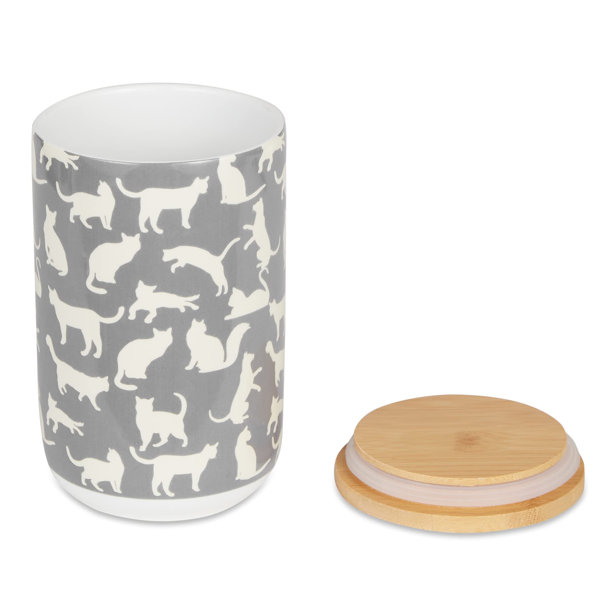Bone Dry Ceramic Treat Jar for Cats and Dogs, Bamboo Lid, Dishwasher Safe Canister, 4x6.5, Gray, Cat Treats