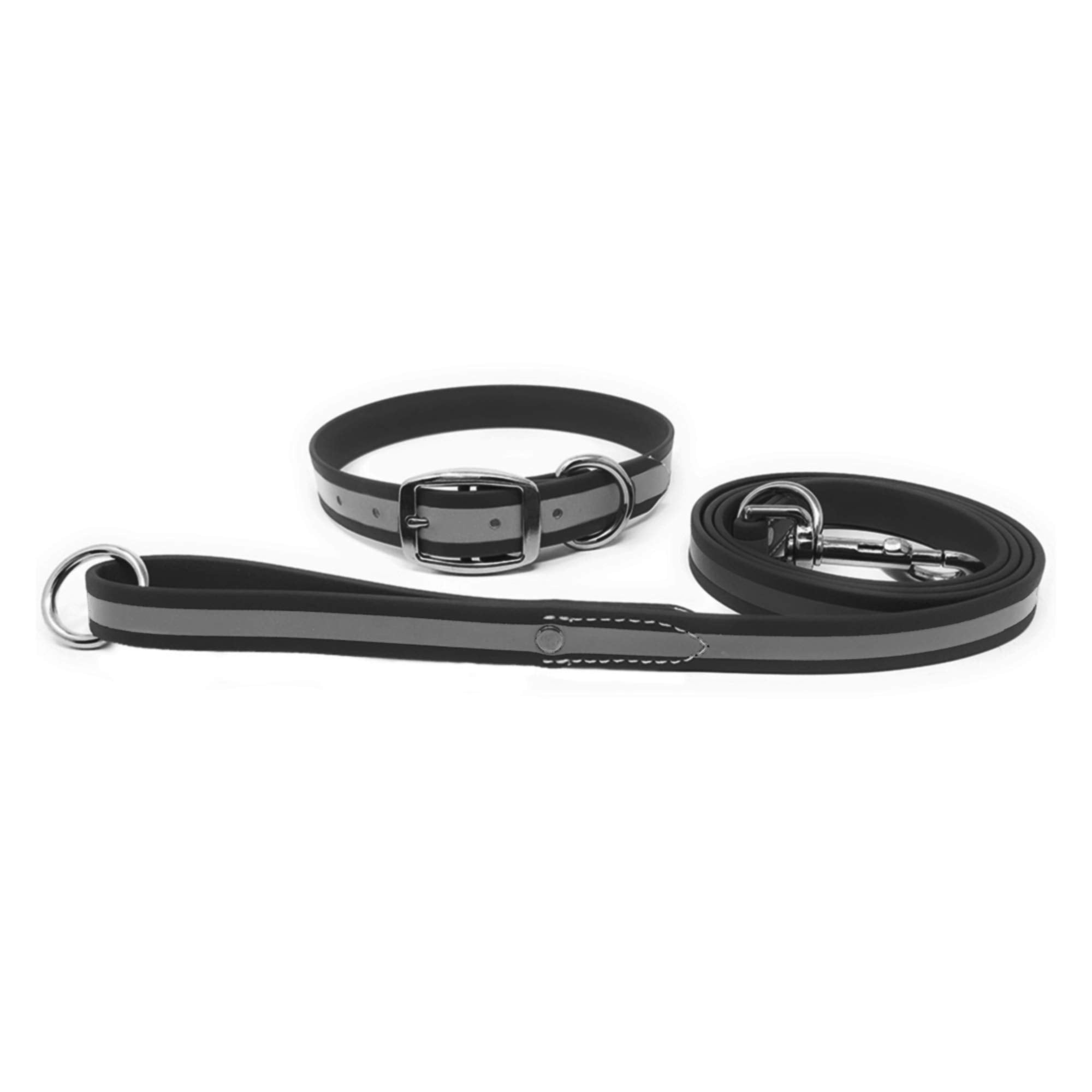 Regal Dog Products Medium Black Reflective Dog Collar And Leash Set - Waterproof Biothane Dog Collar With Heavy Duty Double Buck