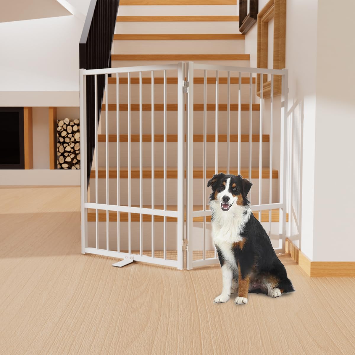 SNUOWU Full Metal Freestanding Dog Gate with Door, 32Height Foldable Pet Dog Fence for Indoor & Outdoor, 2 Panels Extra Wide F