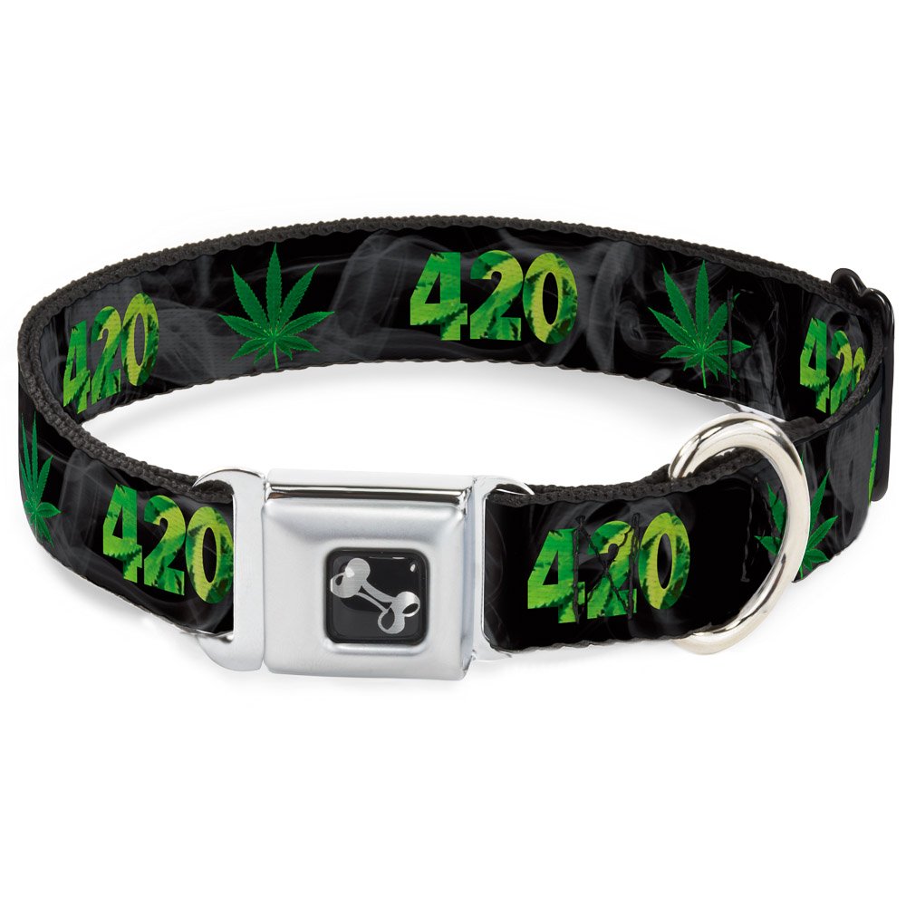 Buckle-Down Seatbelt Buckle Dog Collar - 420/Pot Leaf Black/Smoke/Green - 1' Wide - Fits 11-17' Neck - Medium