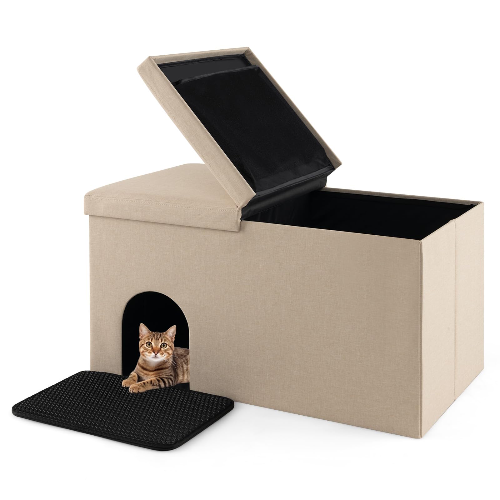 Tangkula Cat Litter Box Enclosure, Hidden Litter Box Furniture Ottoman With Urine Proof Litter Mat, Flip-Up Lid, Dog Proof Cat W