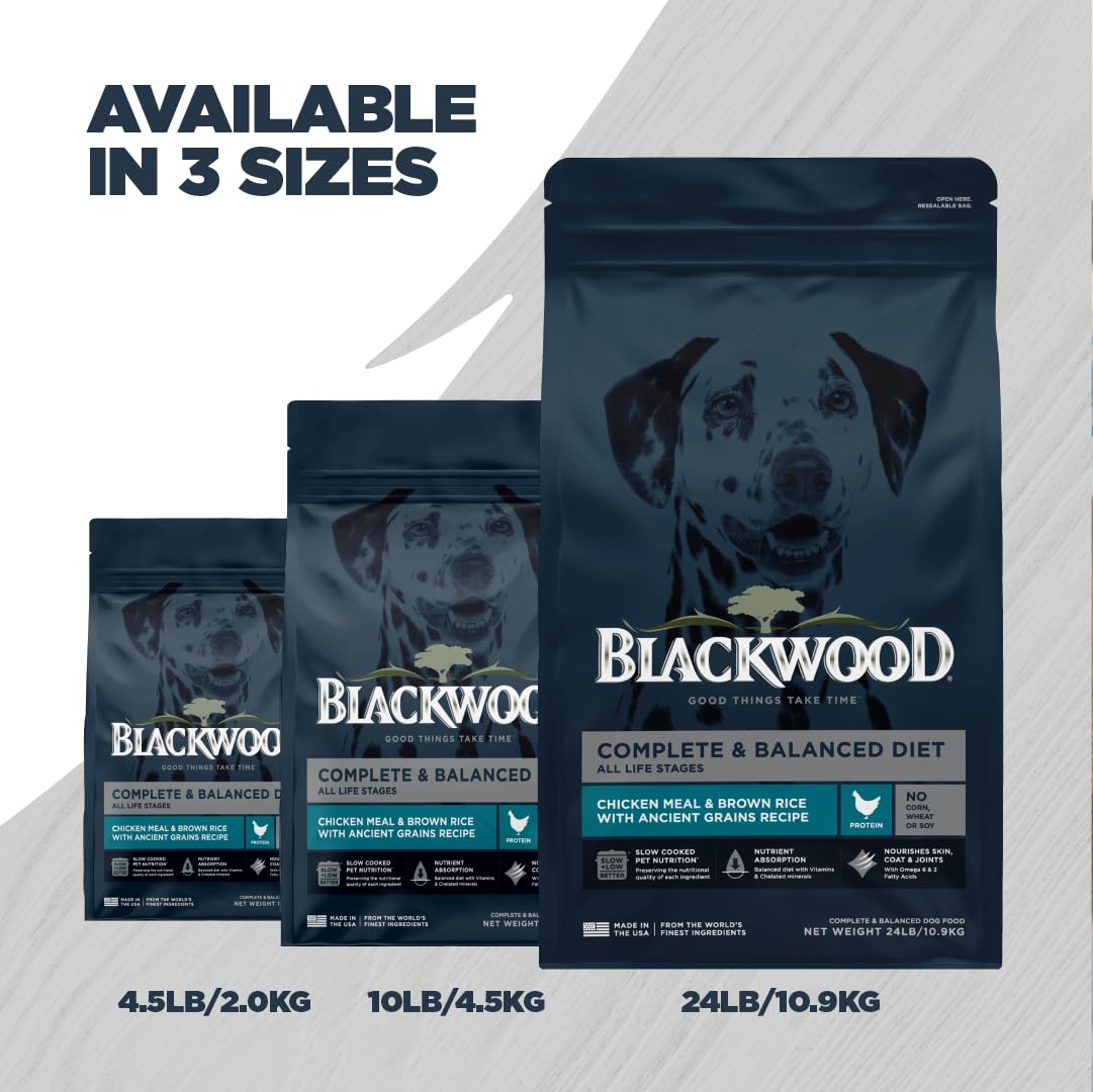 Blackwood Complete & Balanced Diet Dry Dog Food, Chicken Meal & Brown Rice with Ancient Grains, 10 Pound Bag, Slow Cooked with V