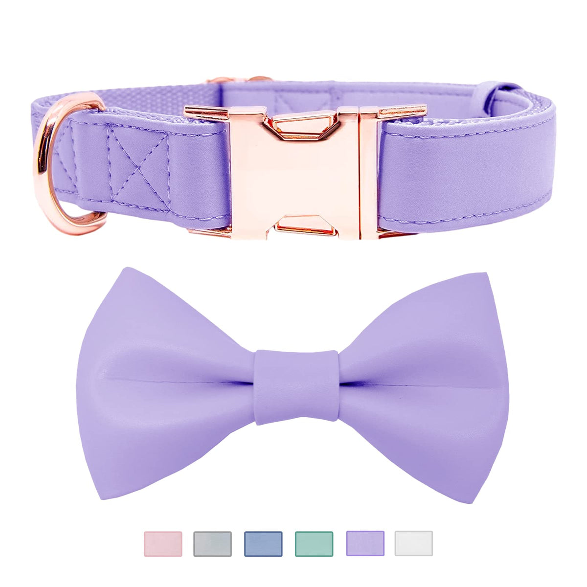 Soft Leather Bowtie Dog Collar - Adjustable Cute Bow Tie Collar [Easy To Clean] With Stylish Rose Gold Heavy Duty Metal Buckle For Small Medium Large Dogs - Durable & Comfortable S,Purple