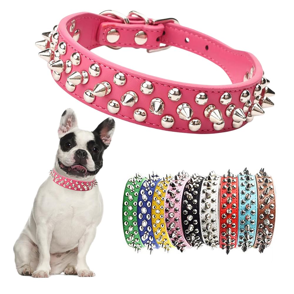 Hot Pink Spiked Dog Collar For Small Dogs,Mushroom Rivet Spike Puppy Collars Girls Boys Leather Studded Cat Collar Metal Buckle 